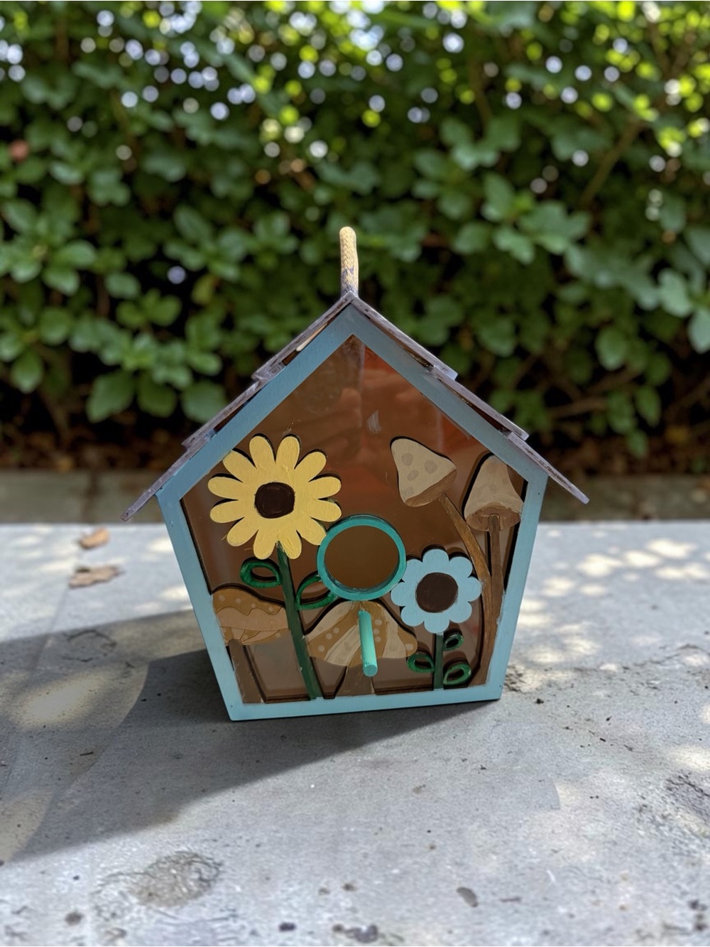 Hand Crafted Blue-Trim Floral Birdhouse with Yellow Sunflower
